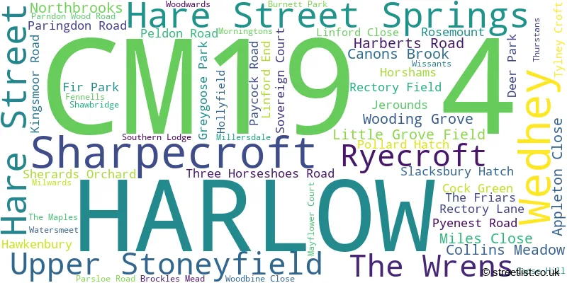 A word cloud for the CM19 4 postcode